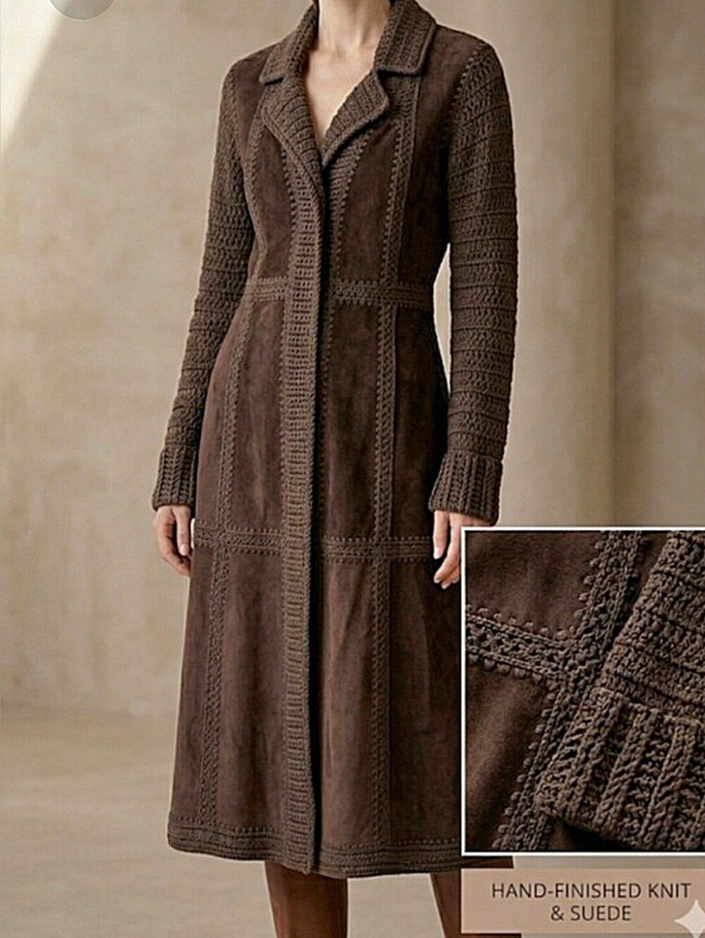 Vintage William B Luxury Designer Suede Leather & Knit Long Coat Sz Small Brown
